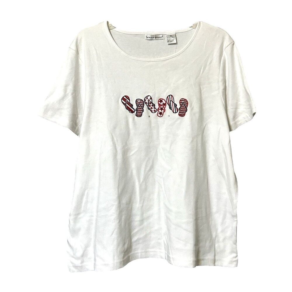 Bonnie Evans Womens White Flip Flop Embroidered T-Shirt Tee Top Size XL New